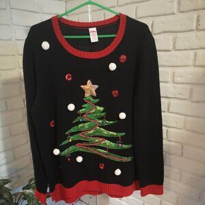 Holiday Time Ladies Black with Red Trim Christmas Sweater
